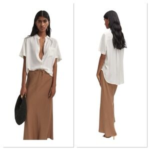 Mango Pocket Oversized Button Front Blouse Short Sleeves White Size Small‎ New